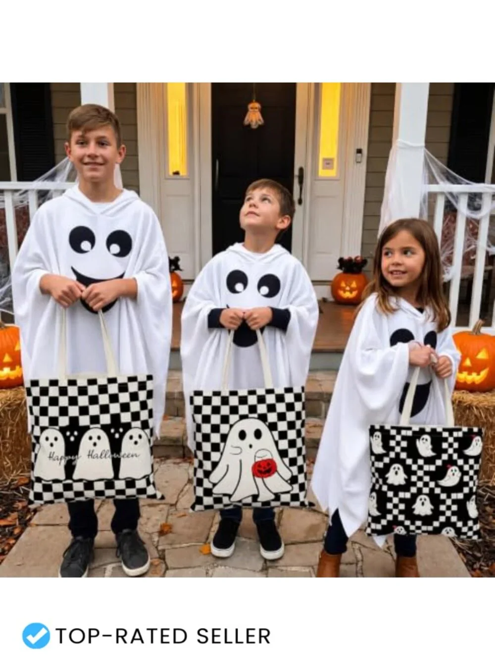 Set of 3 Halloween Checkerboard Ghost Tote Bags Canvas Trick or Treat Candy